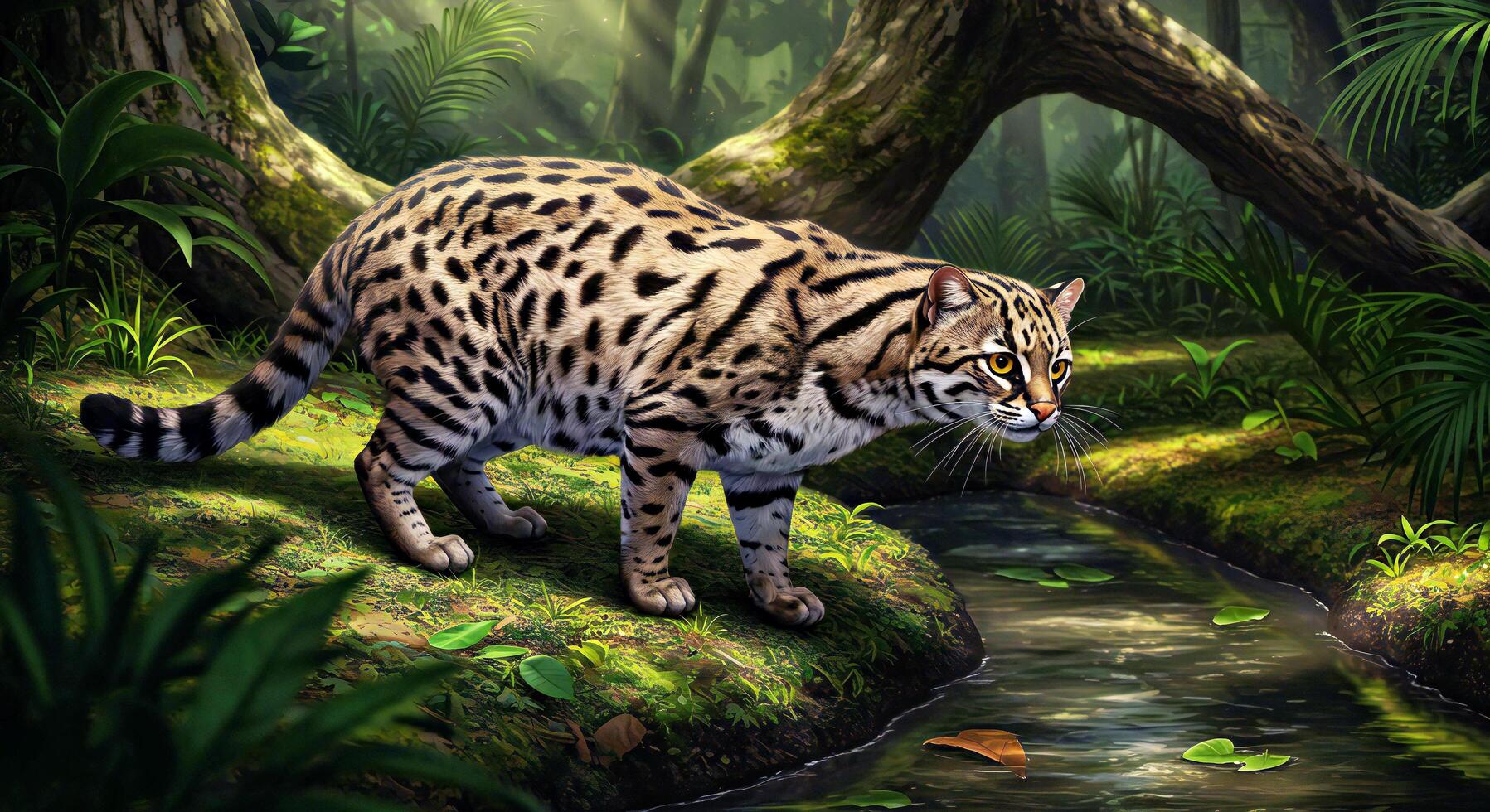 A cat walking along a stream in a forest photo