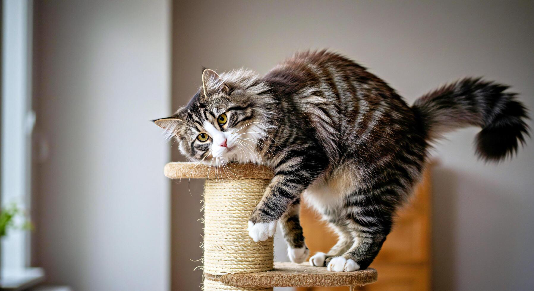A cat is standing on a scratching post photo