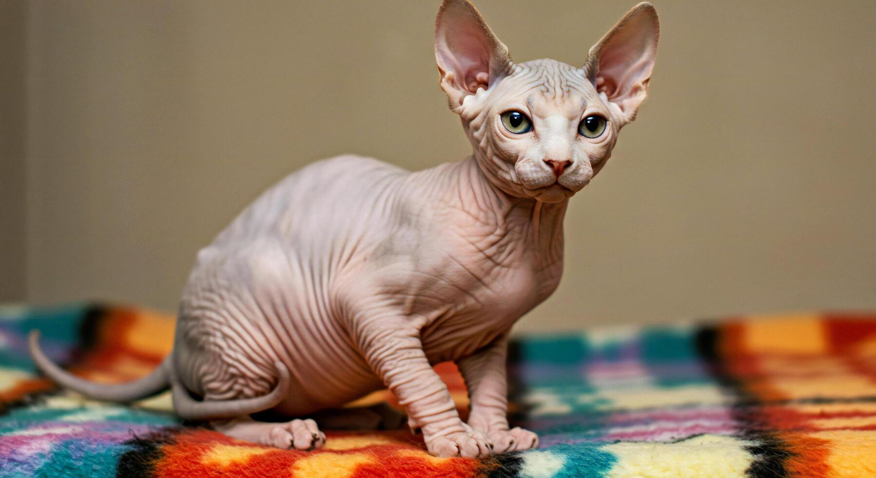 A sphyte cat is sitting on a colorful blanket photo
