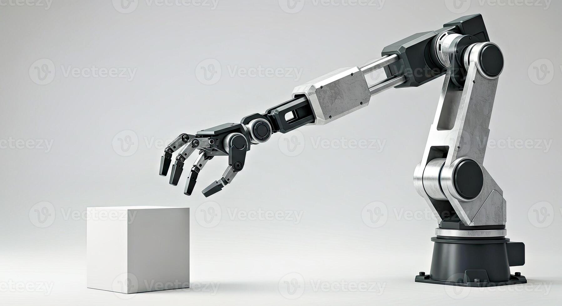 A robotic arm reaching out to touch a box photo