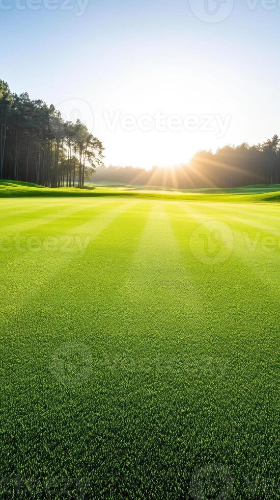 serene view of professional golf course with lush green grass, illuminated by warm sunlight photo