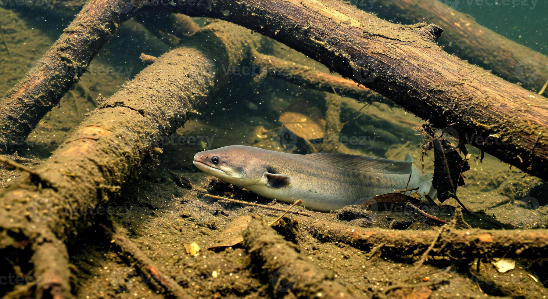 A fish is swimming under a log photo