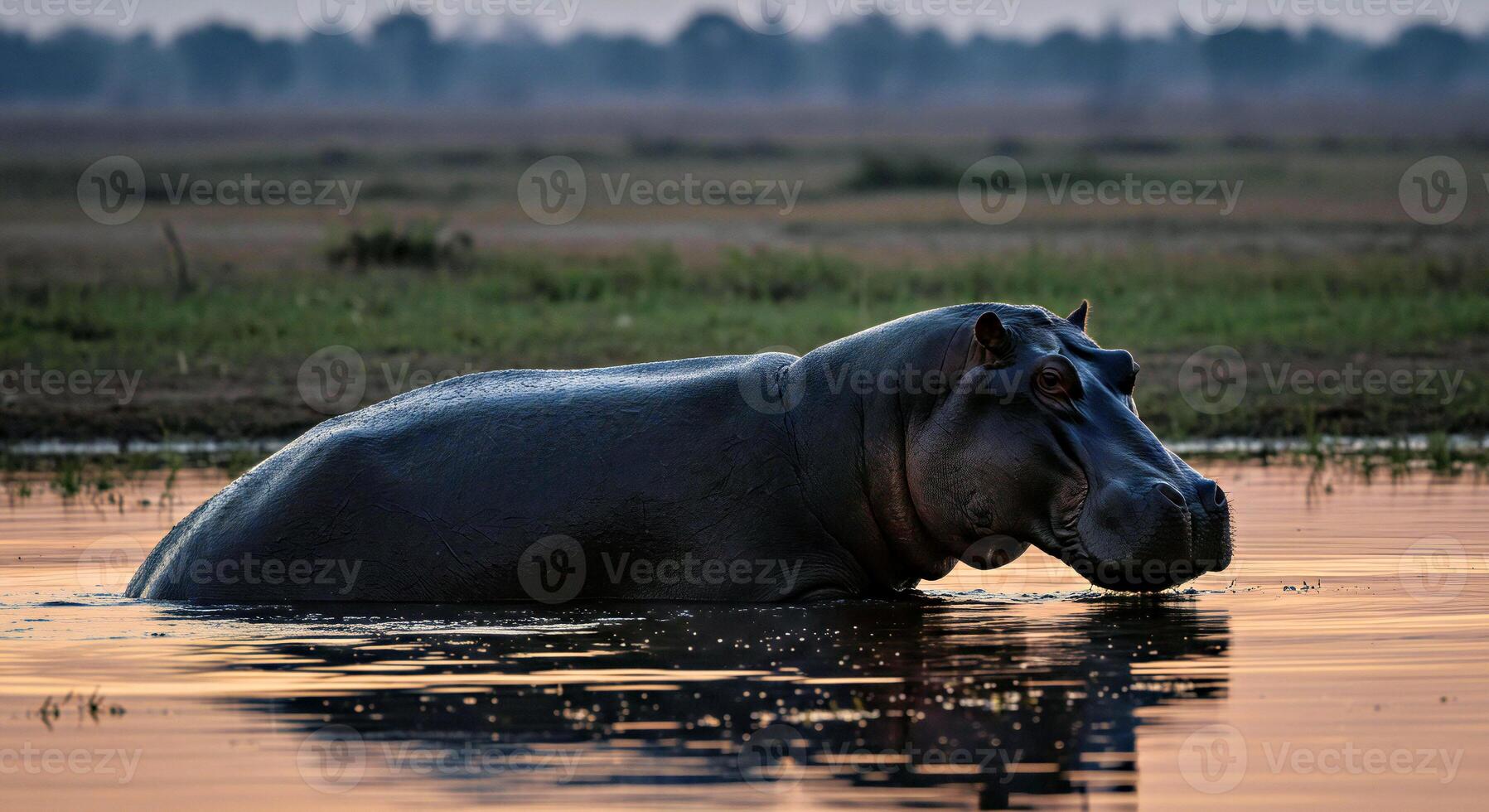 A hippo is in the water at sunset photo