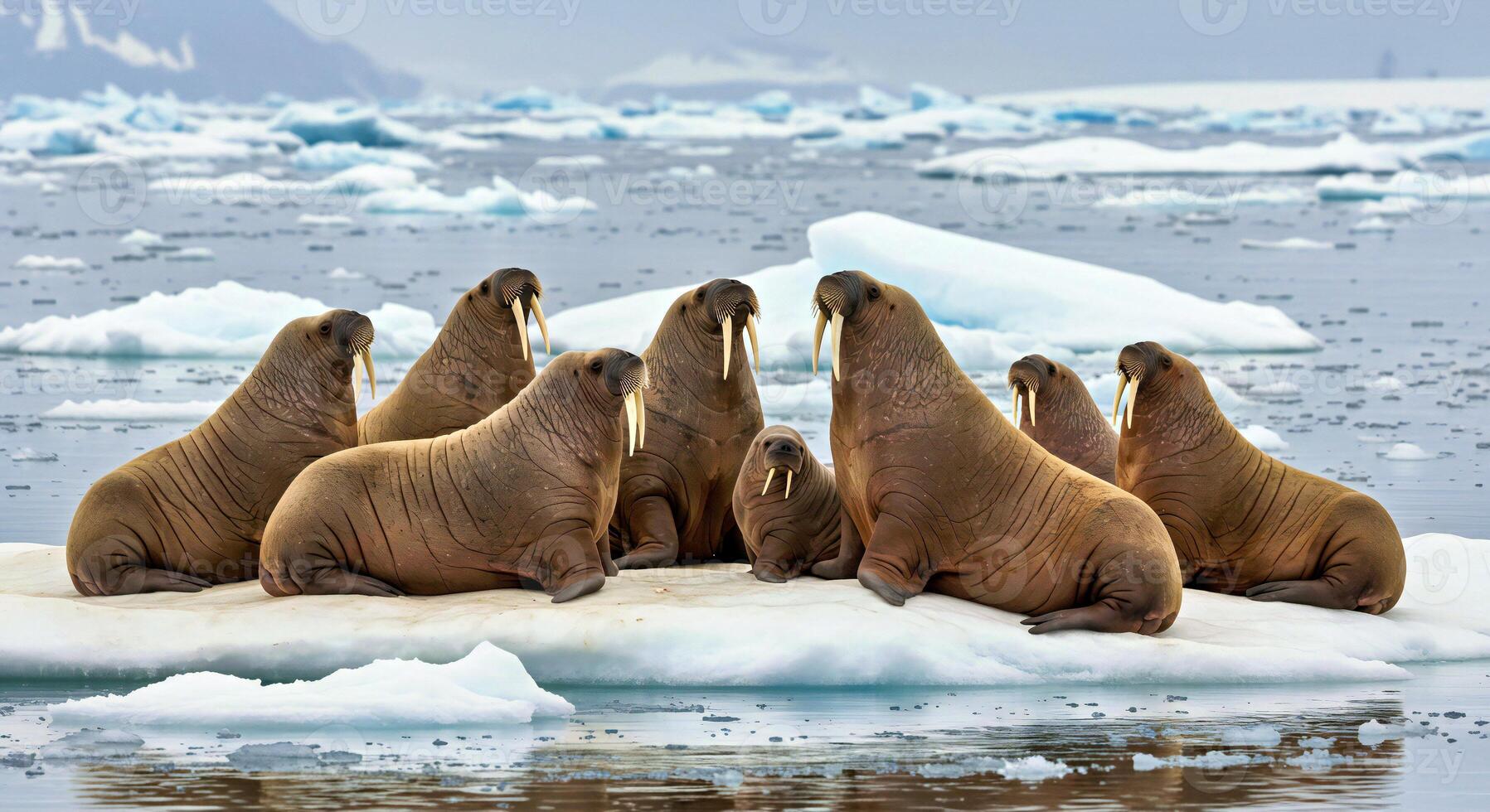 A Group of Walruses Interacting on an Ice Floe Some Resting Some Swimming and Some Vocalizing photo