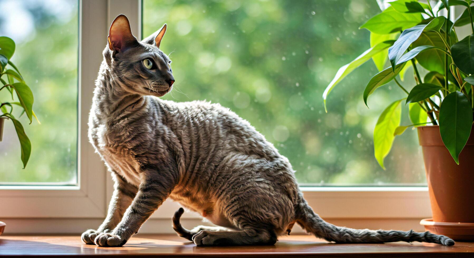 A cat sitting on a window sill with potted plants photo