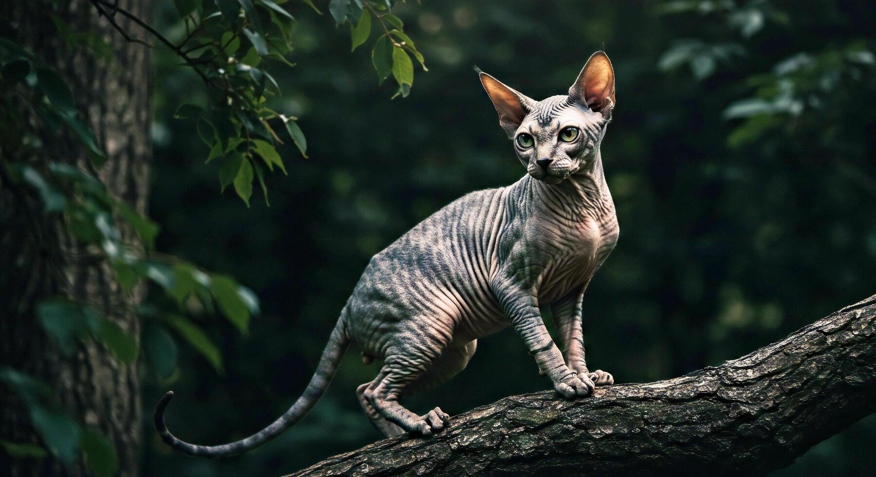 A sphycat is standing on a tree branch photo