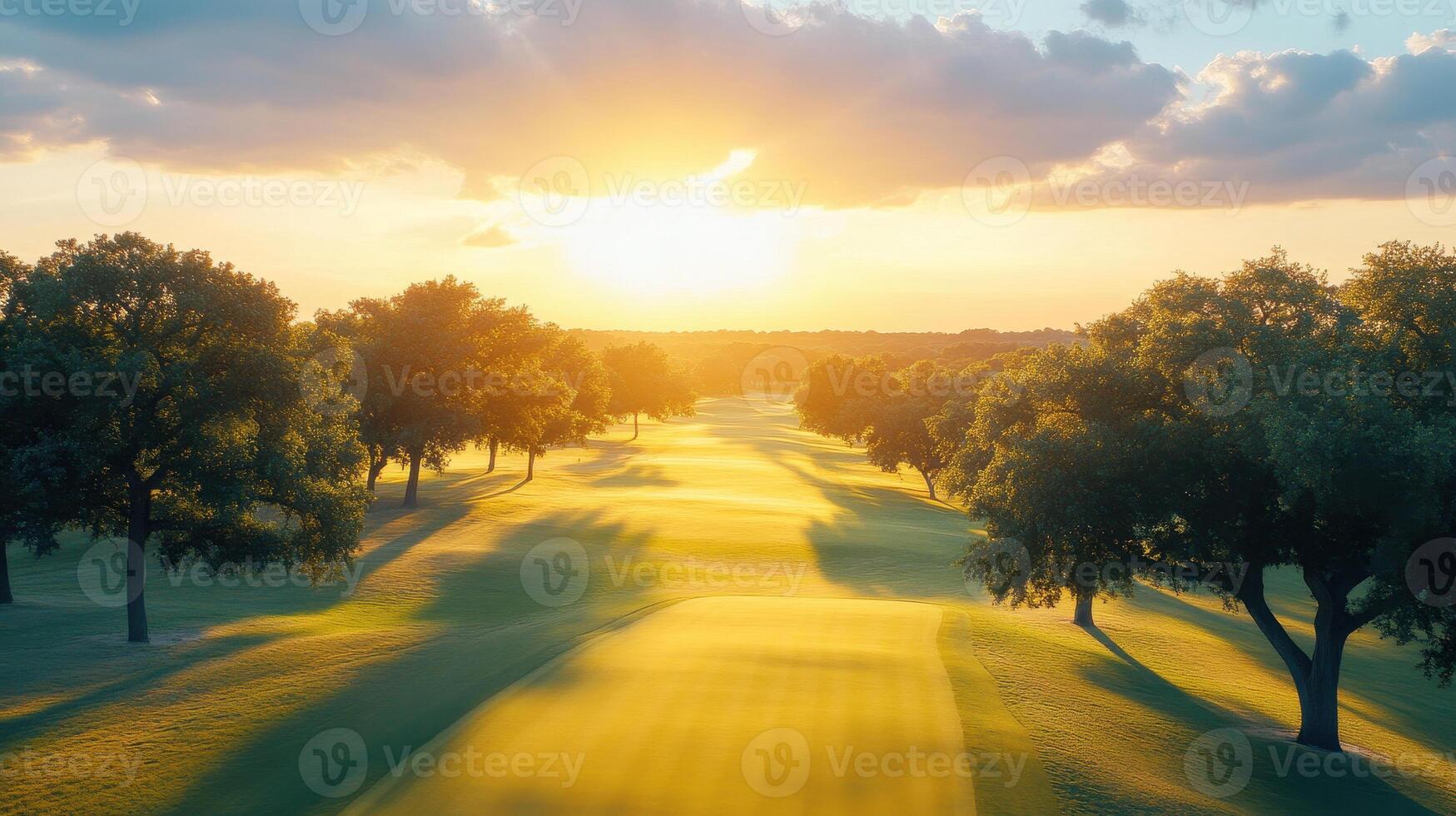 stunning aerial view of world class golf course at sunset, showcasing rolling fairways and lush greenery photo