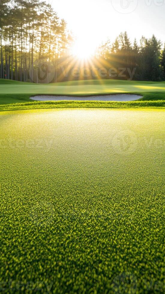 stunning view of golf course at sunrise, showcasing vibrant green grass and sand trap. serene atmosphere invites relaxation and enjoyment photo