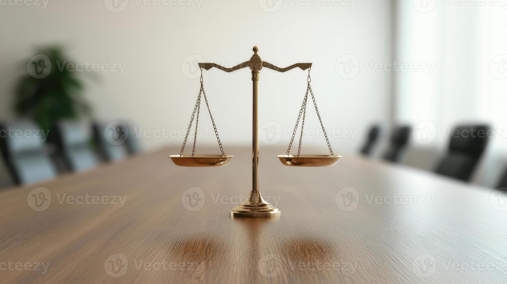 golden scale of justice stands prominently on polished wooden table, symbolizing fairness and law photo