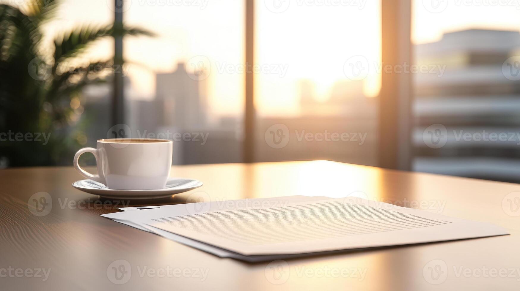 serene sunrise view from lawyer desk with coffee cup and documents photo