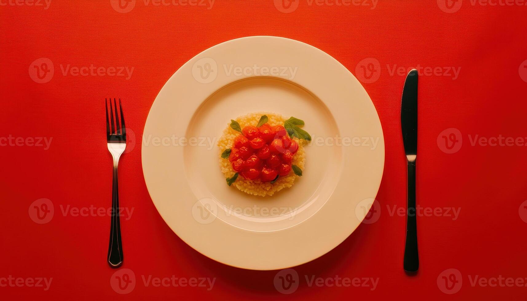 Artistic dinner presentation with vibrant red background, featuring plate of rice topped with cherry tomatoes and garnished with herbs photo