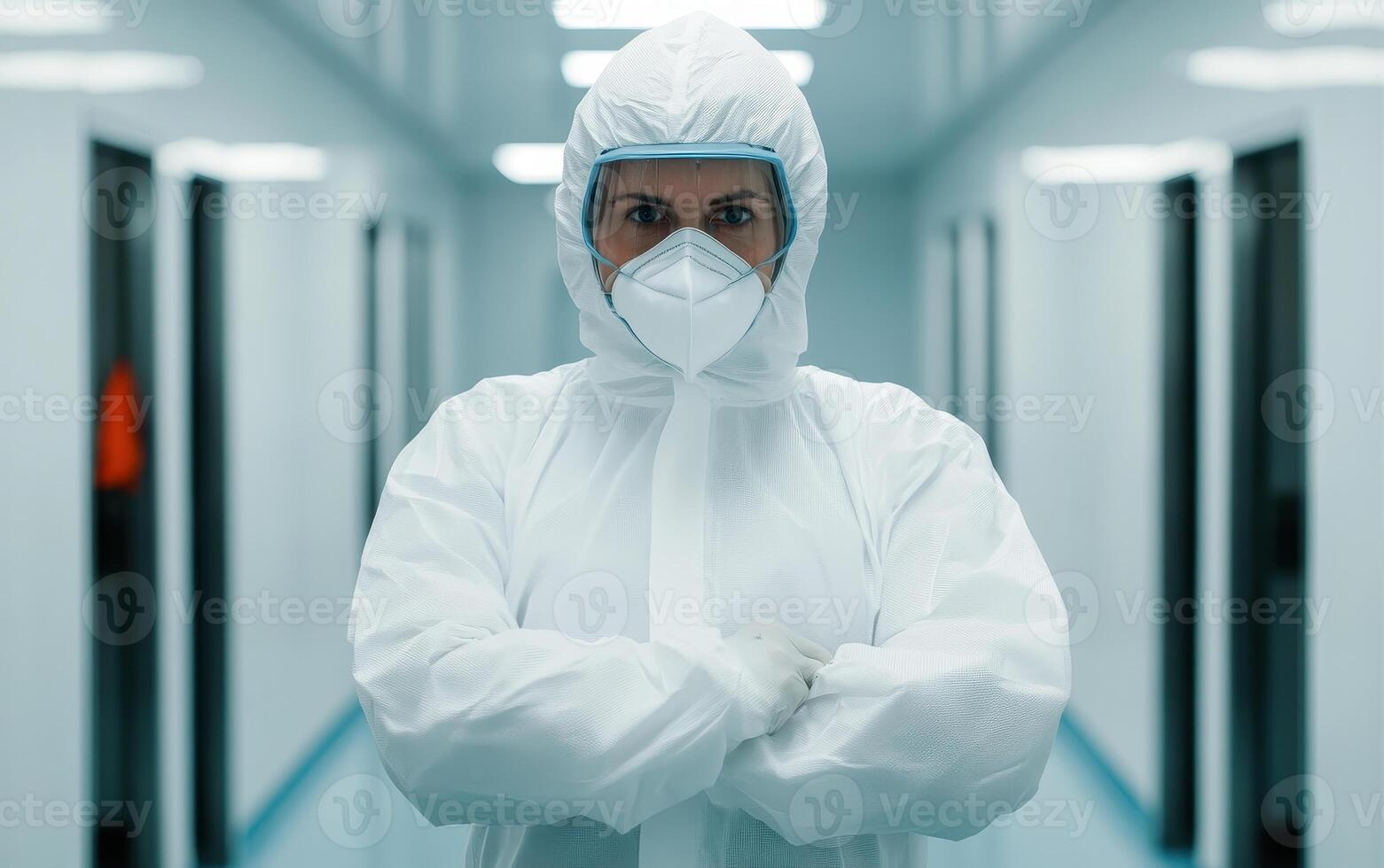 quality control specialist in protective gear stands confidently in sterile environment, ensuring safety and precision photo