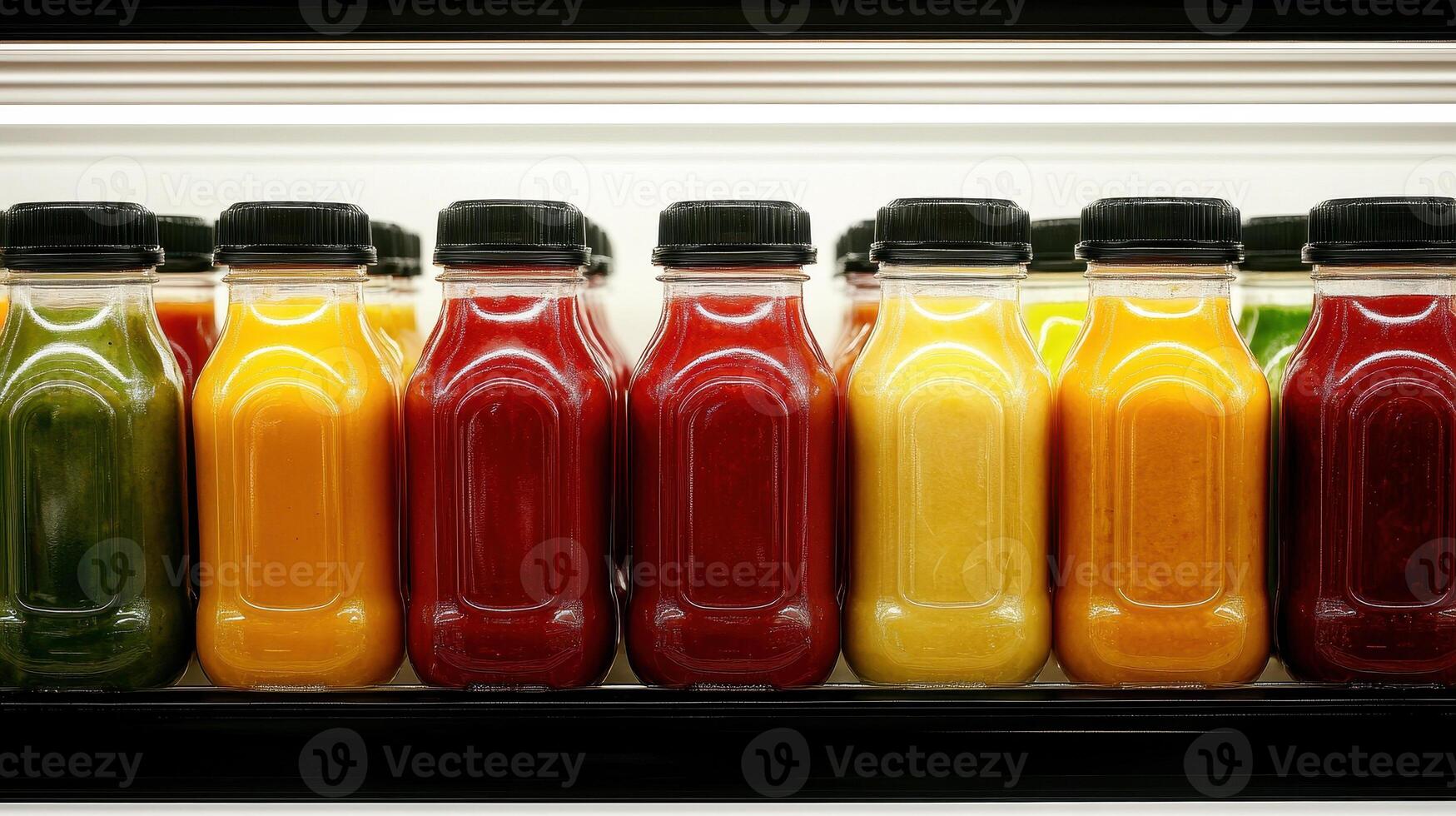Freshly bottled juices in vibrant colors lined up on shelf, showcasing variety of flavors and healthy options photo