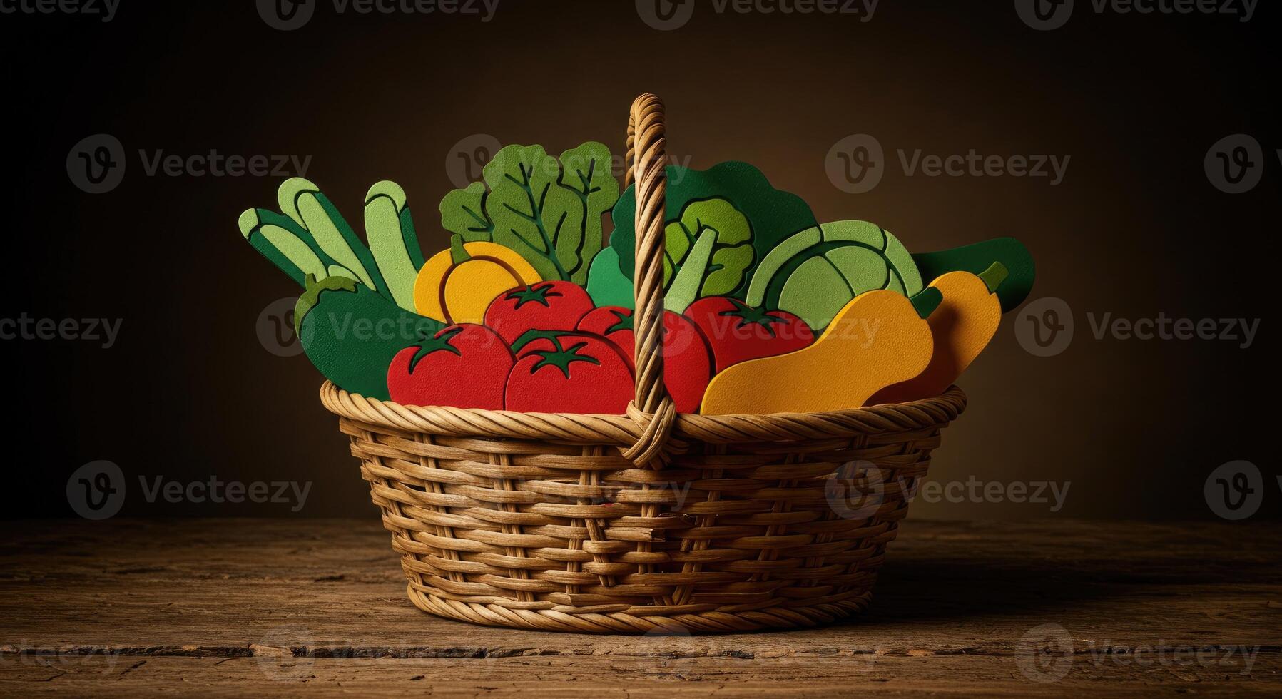 Basket full of vegetables on a wooden table photo
