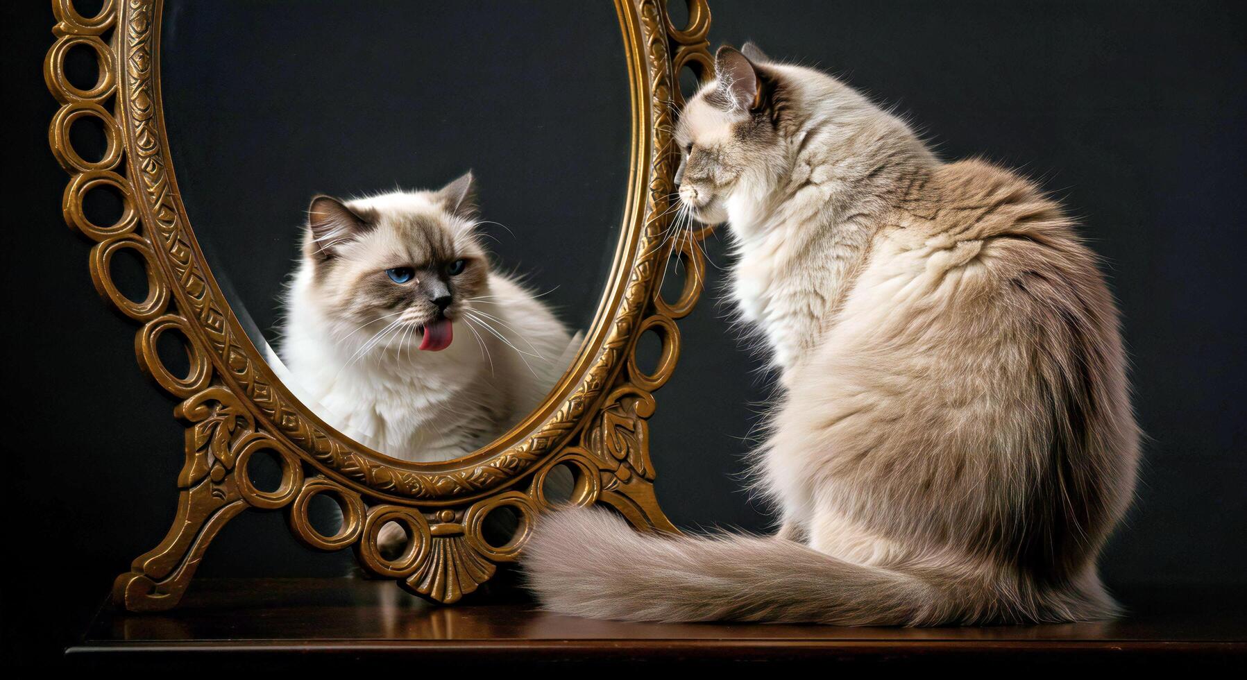 A cat looking at itself in a mirror photo