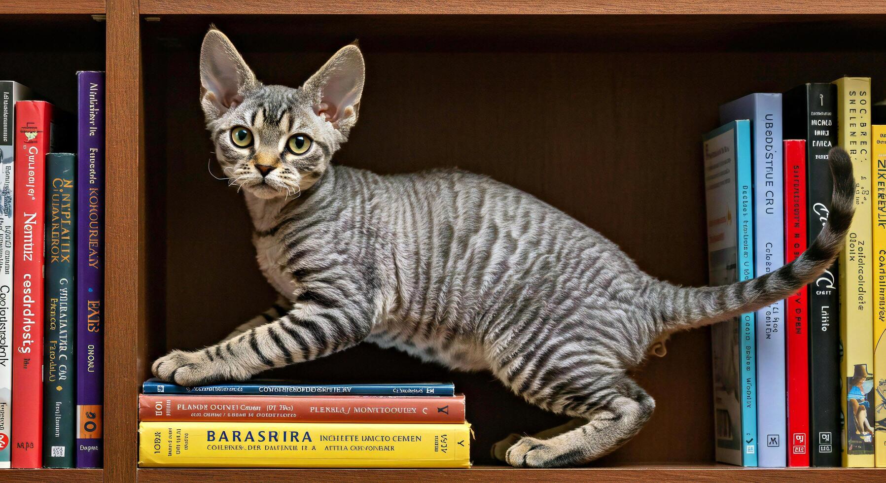 A cat is standing on top of a book shelf photo
