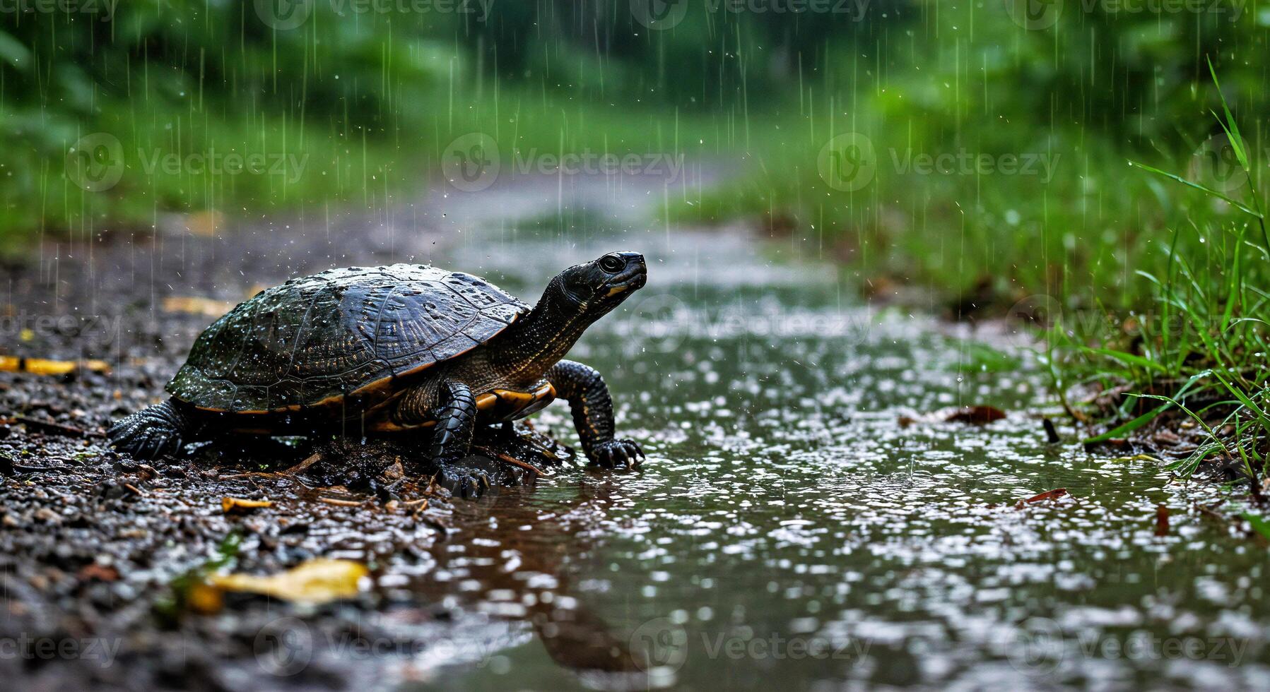A turtle is walking on a wet road in the rain photo