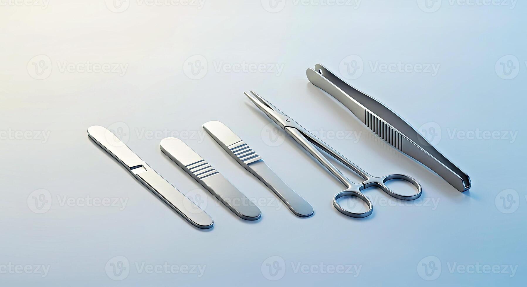 A set of surgical instruments on a white surface photo