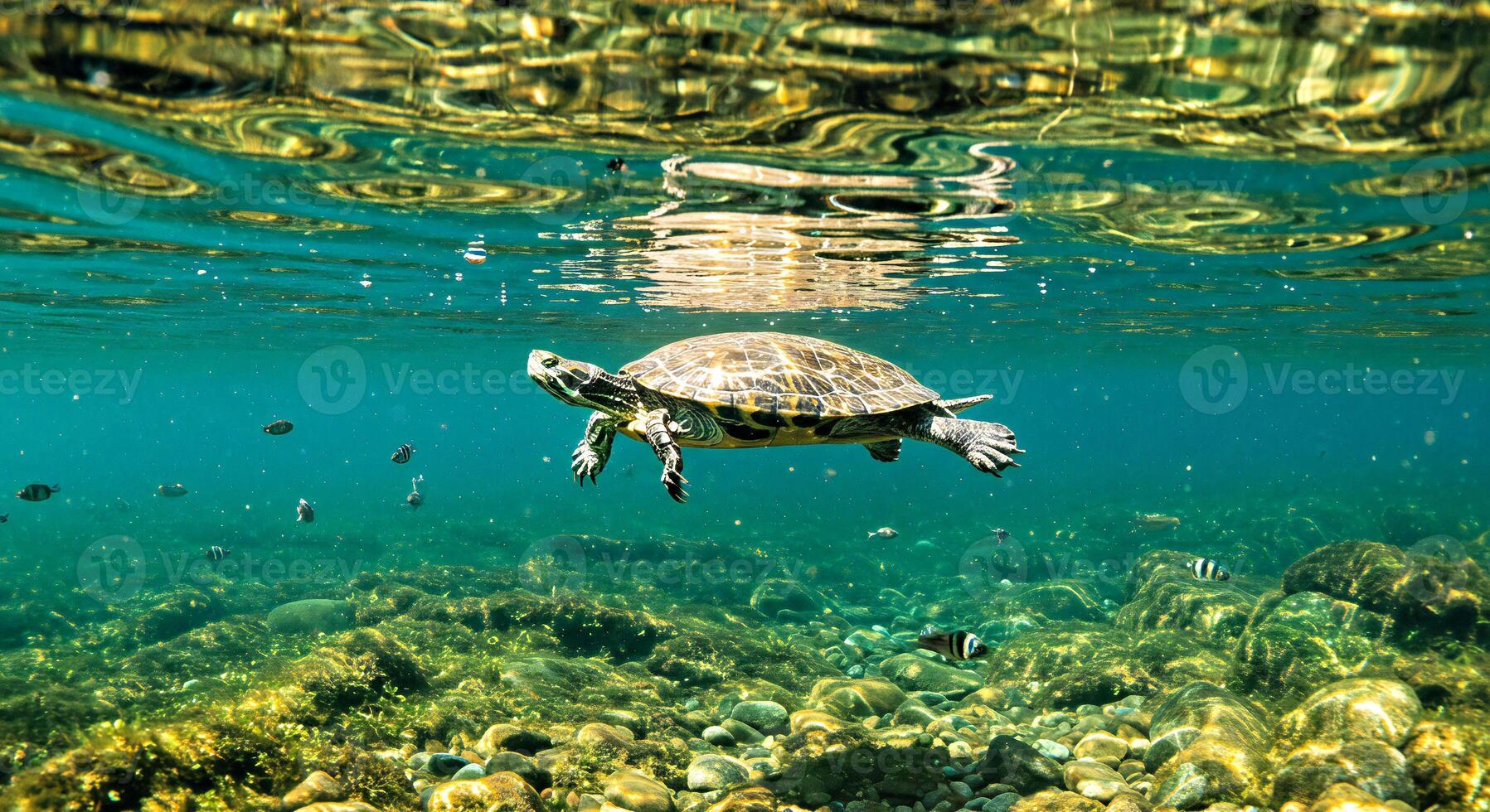 A turtle swimming in the ocean with its head above water photo