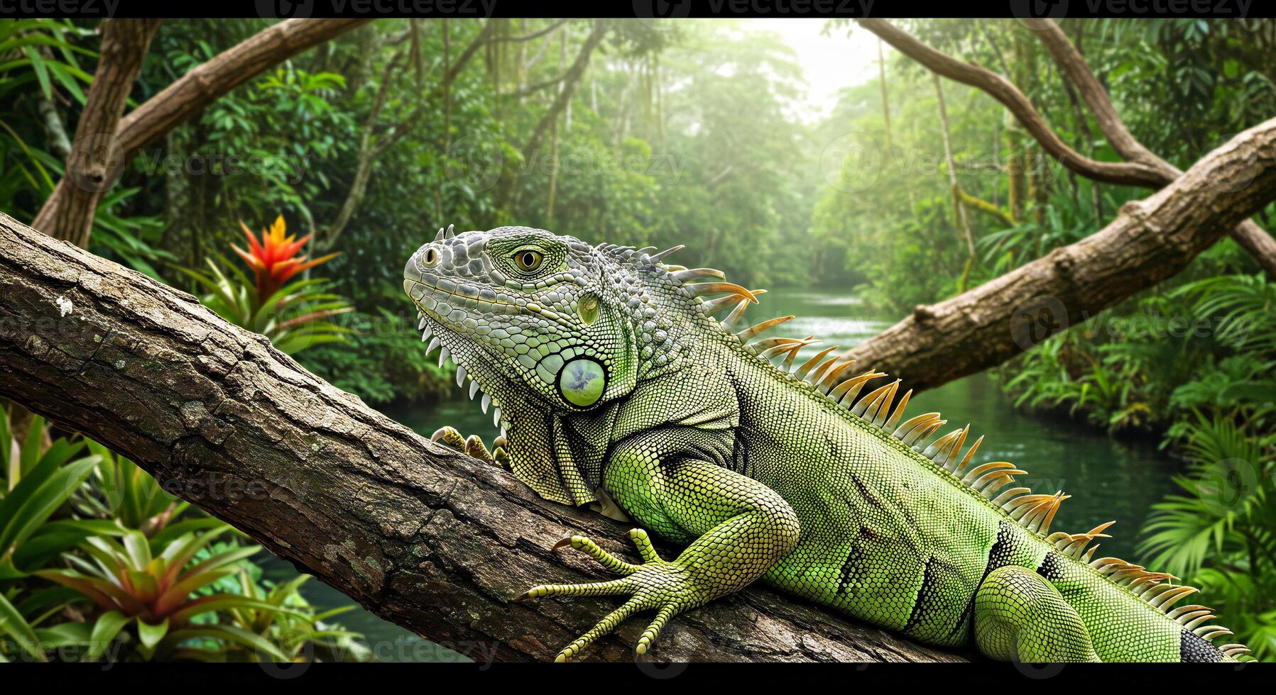 An iguana is sitting on a branch in the jungle photo