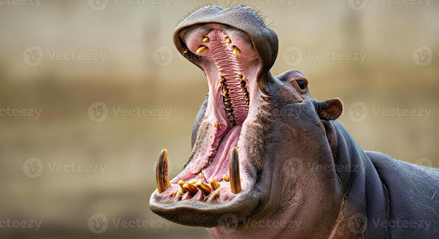 A hippo with its mouth open and its teeth showing photo