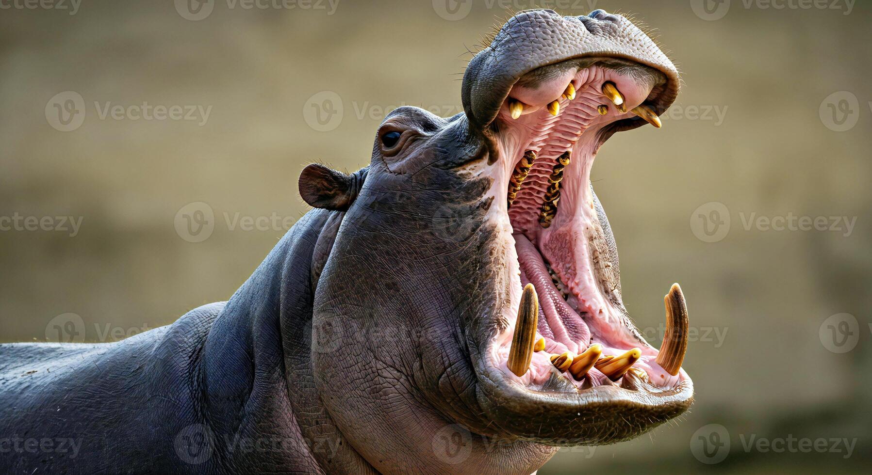 A hippopotamus with its mouth open photo
