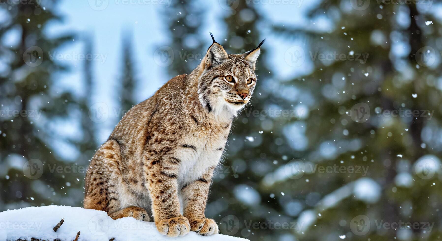 A lynx is sitting on a snow covered hill photo