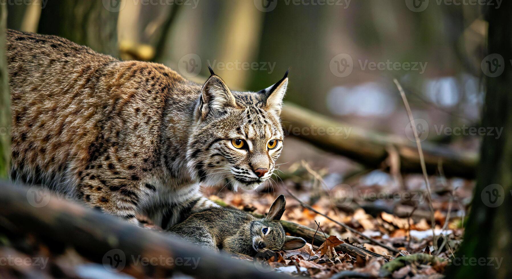 A bobcat and a rabbit in the woods photo