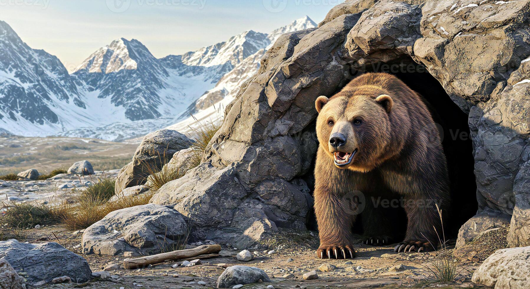 A bear is standing in a cave with mountains in the background photo