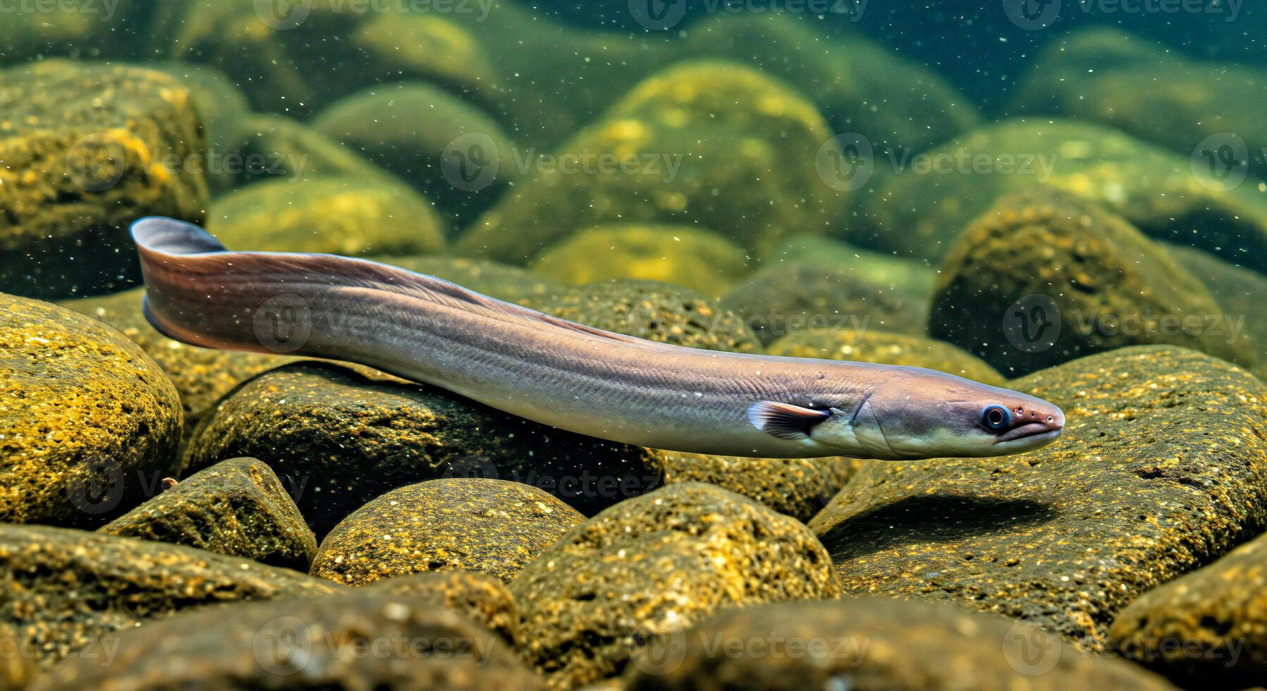 A fish swimming on rocks in the water photo