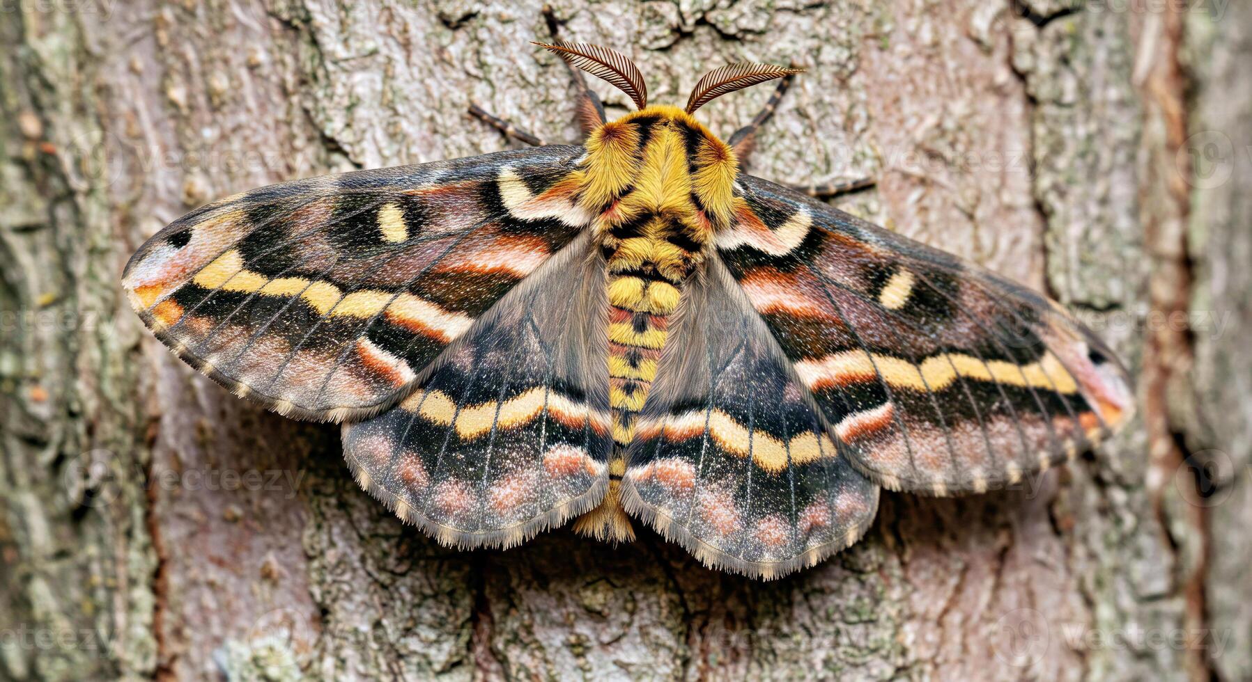 A large moth with black and yellow stripes on its wings photo