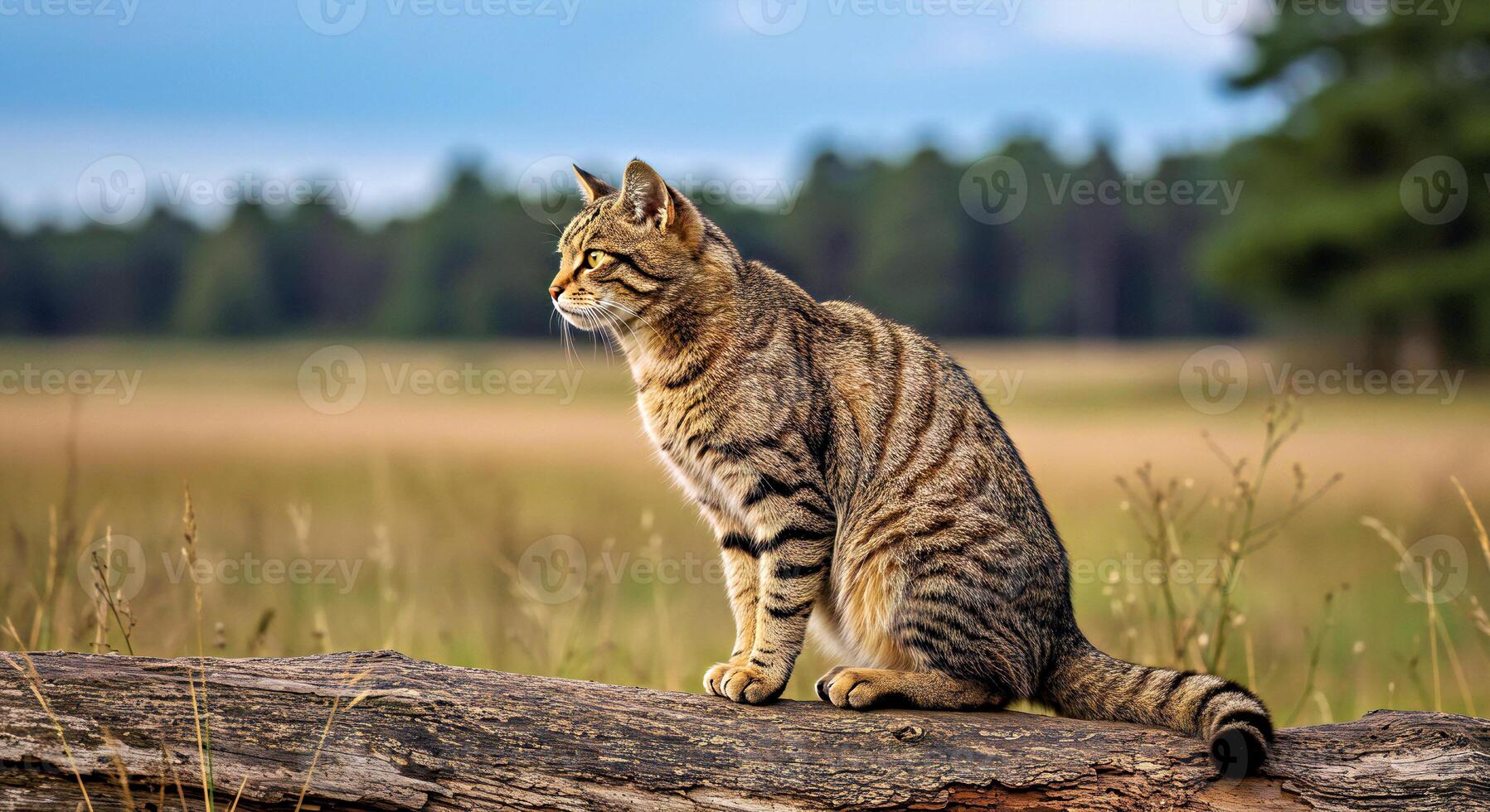 A cat sitting on a log in a field photo