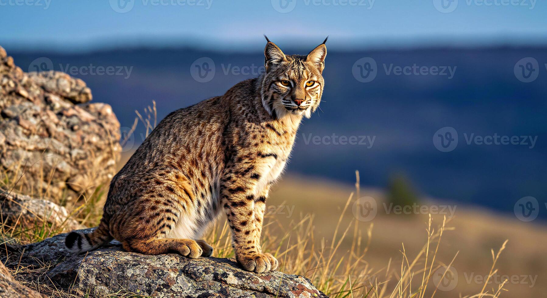 A lynx is sitting on a rock in the grass photo
