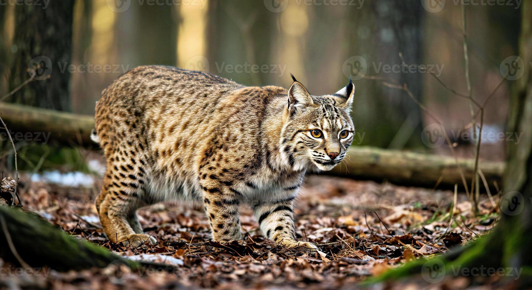 A Bobcat Stalking Its Prey for a Rabbit in a Dense Forest photo