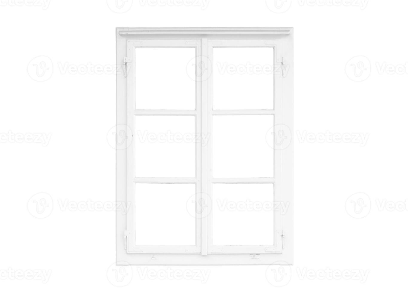 Modern tall double white window with three square glass panes on each wing, supported by two horizontal bars, isolated for mockup and architectural design photo