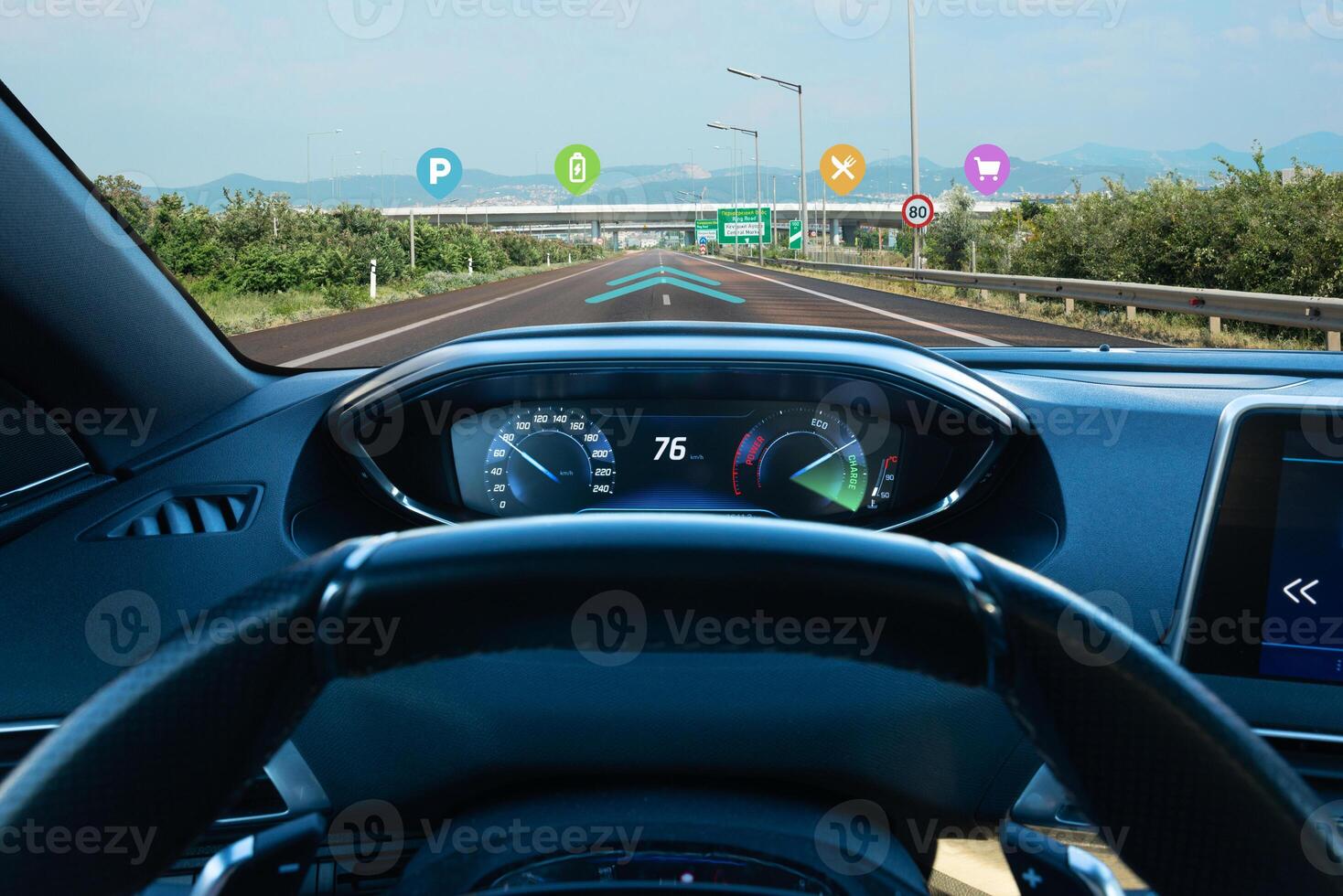 Futuristic smart car concept an electric vehicle on the road with an augmented navigation system showing EV chargers, parking spots, shopping, and dining options photo