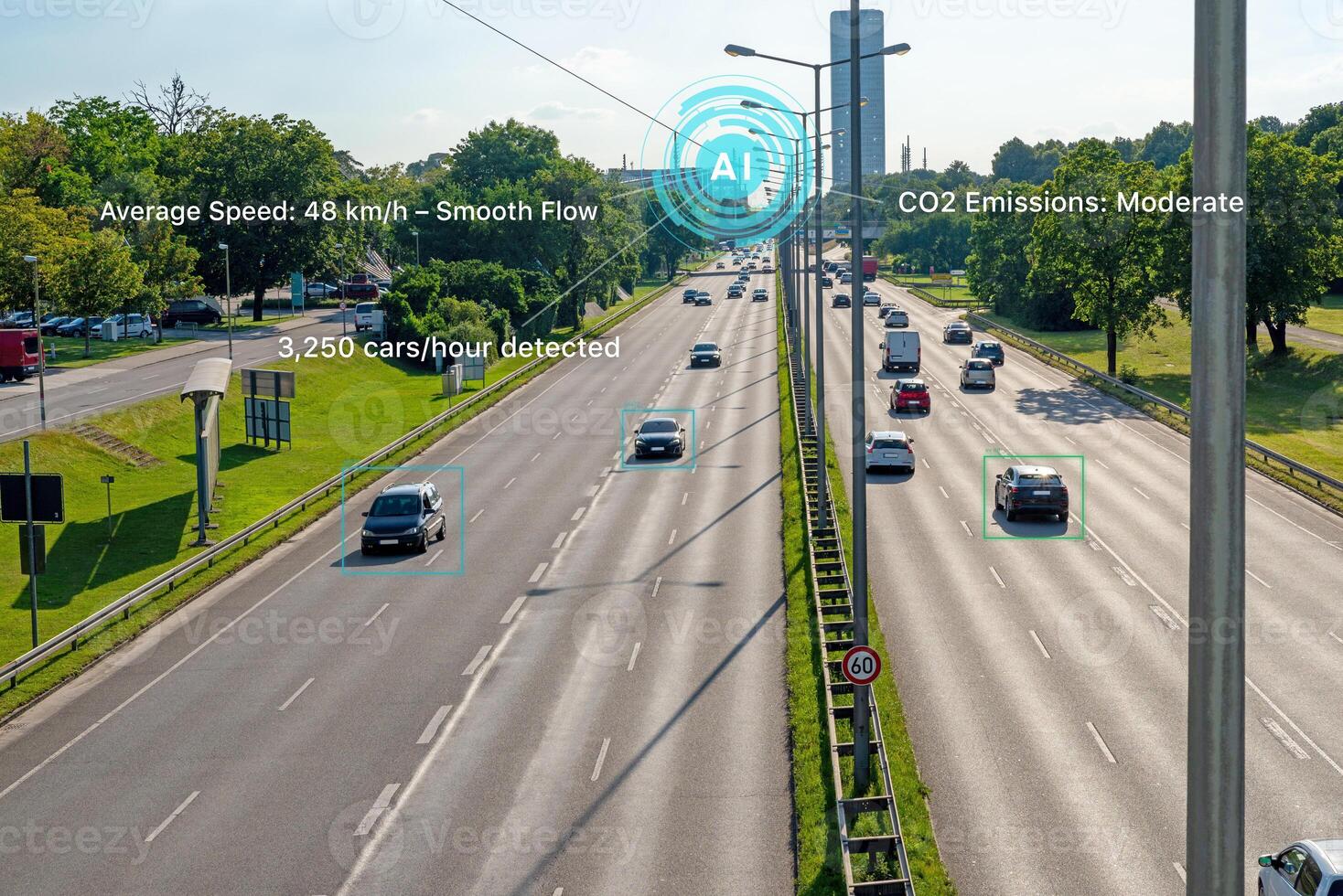 Futuristic highway in a modern city with AI traffic control, digital speed indicators, CO2 emissions data, and real-time vehicle flow analysis, surrounded by greenery photo
