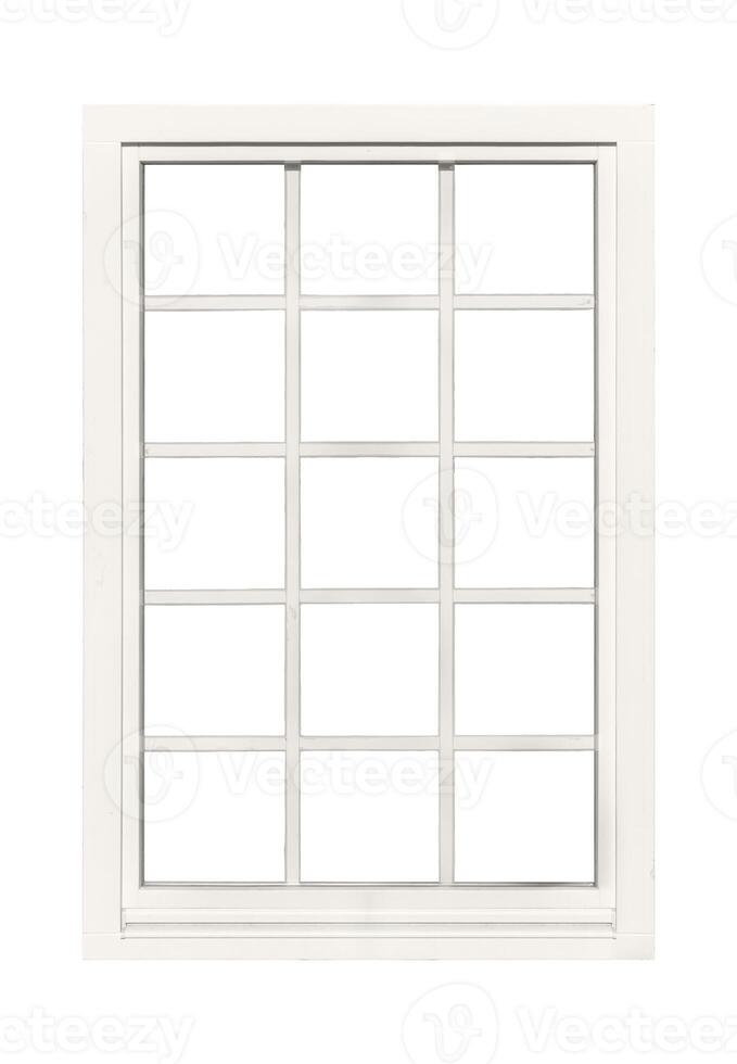 Large vertical white window with interior grid bars, commonly found in older-style modern urban houses or buildings, isolated for architectural and graphic use photo