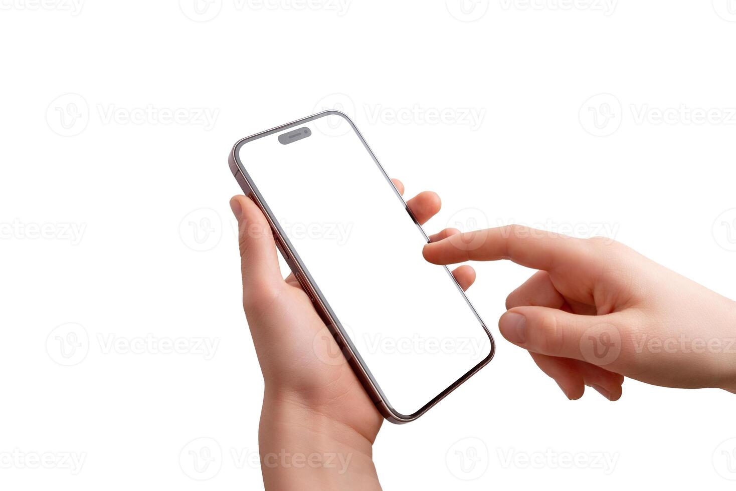 Close-up of a smartphone held vertically, with a child's right hand interacting with the screen. Isolated display and background, ideal for mobile app or game previews photo