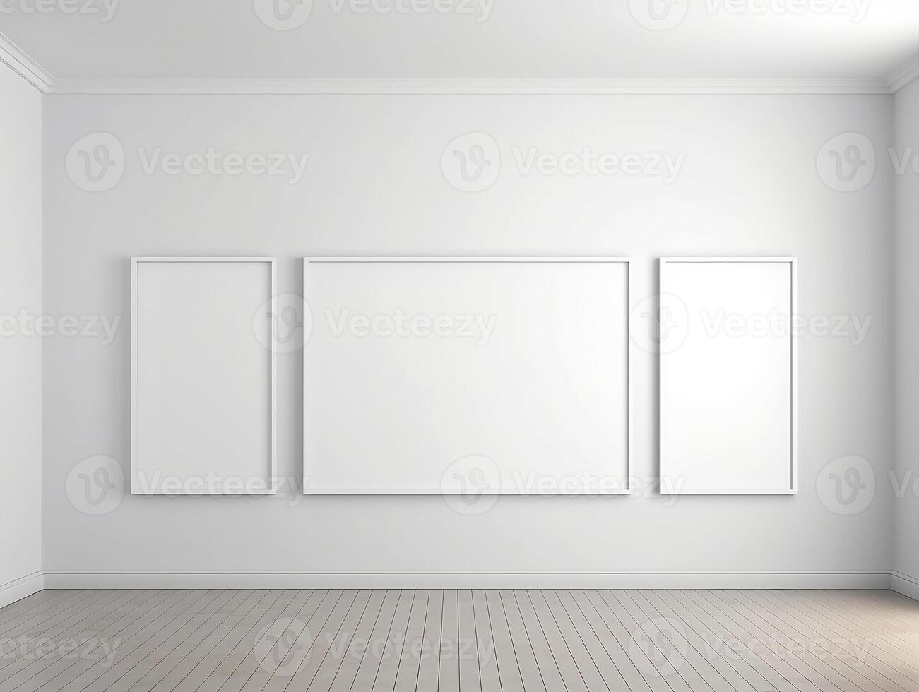 Empty room with three blank frames on the wall photo