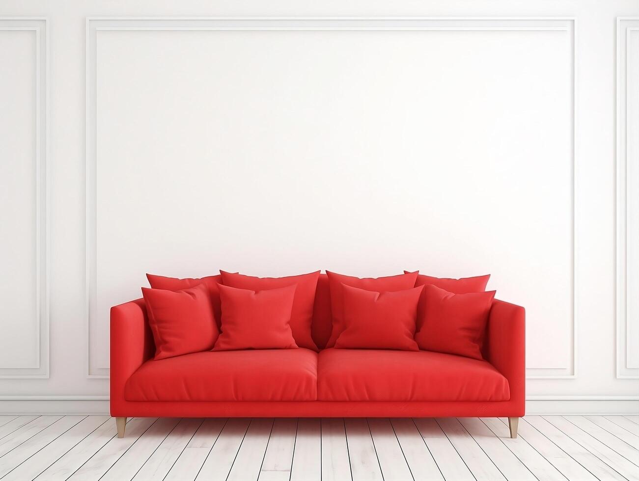 Red sofa in empty room with white walls photo