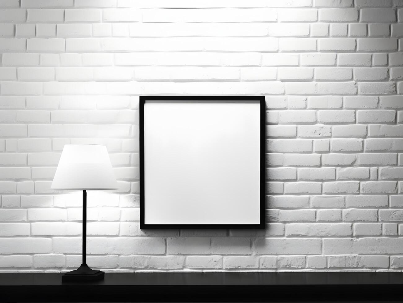 White brick wall with a lamp and a framed picture photo