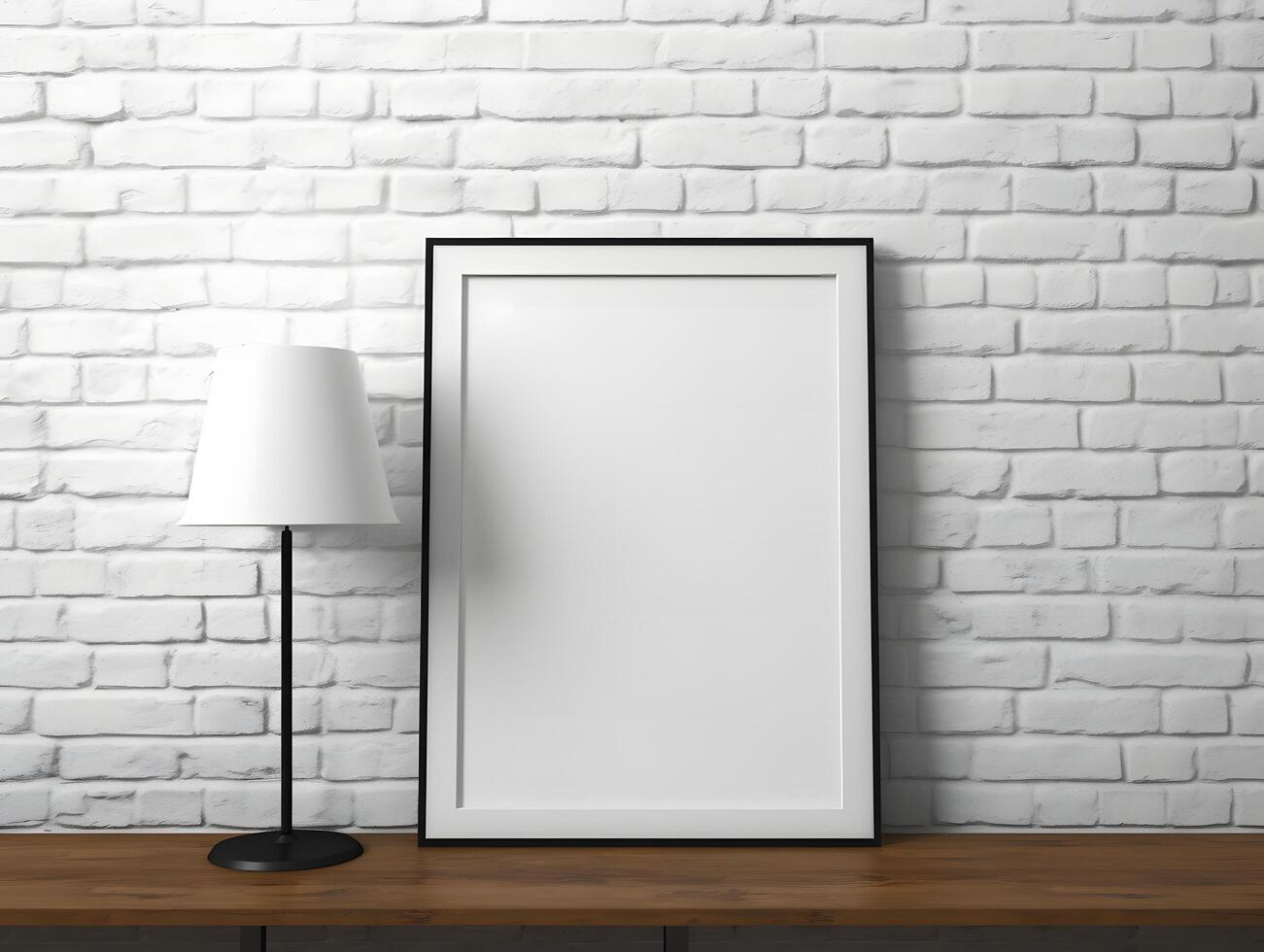 Blank white frame on a table with lamp photo