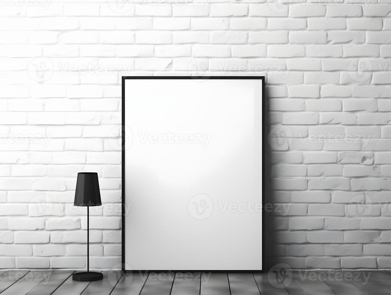 A blank frame on a wall in front of a lamp photo