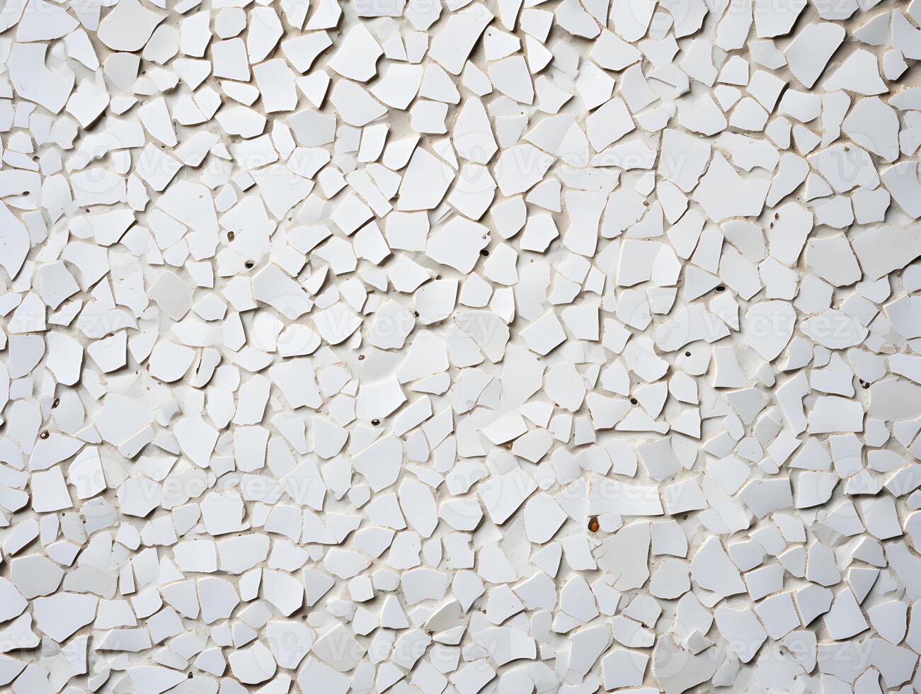 A white wall with many pieces of broken tiles photo