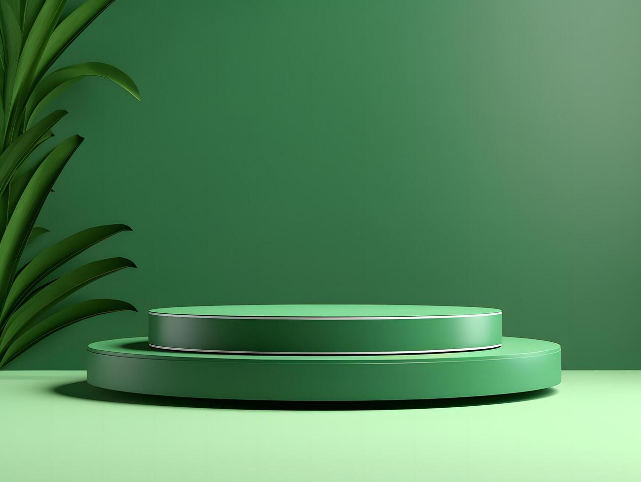 Green pedestal with palm tree on a green background photo