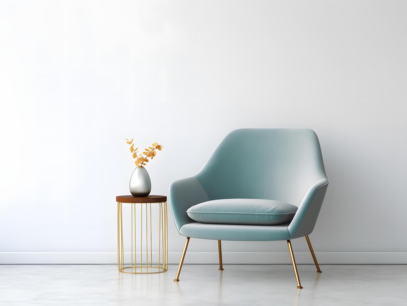 A blue chair and vase on a white wall photo