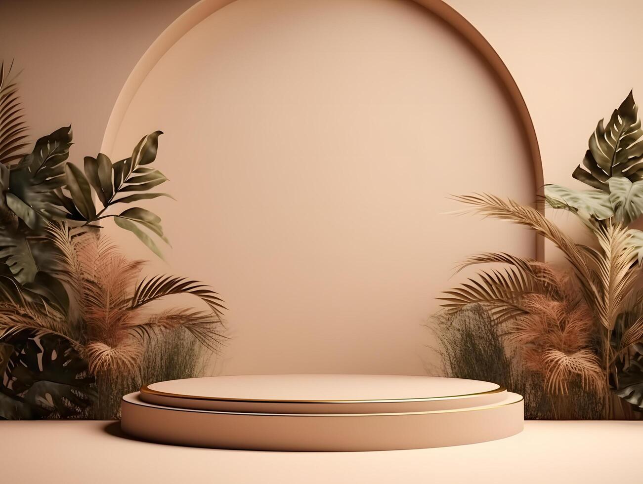 An empty stage with plants and a circular arch photo