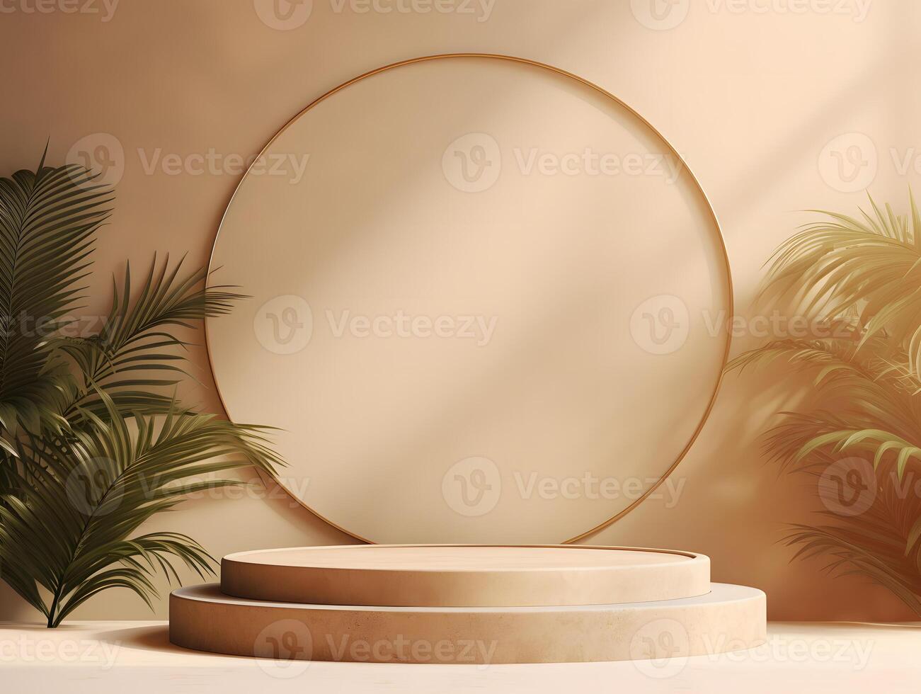 Round stage with palm trees and a round oval frame photo