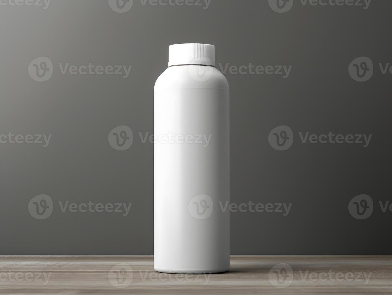 White plastic bottle on wooden table with gray background photo